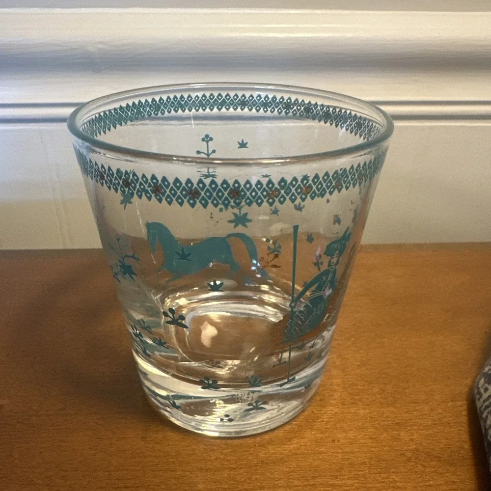 Vintage Cera Persian‎ Low Ball Glass Polo Players Turquoise & Gold